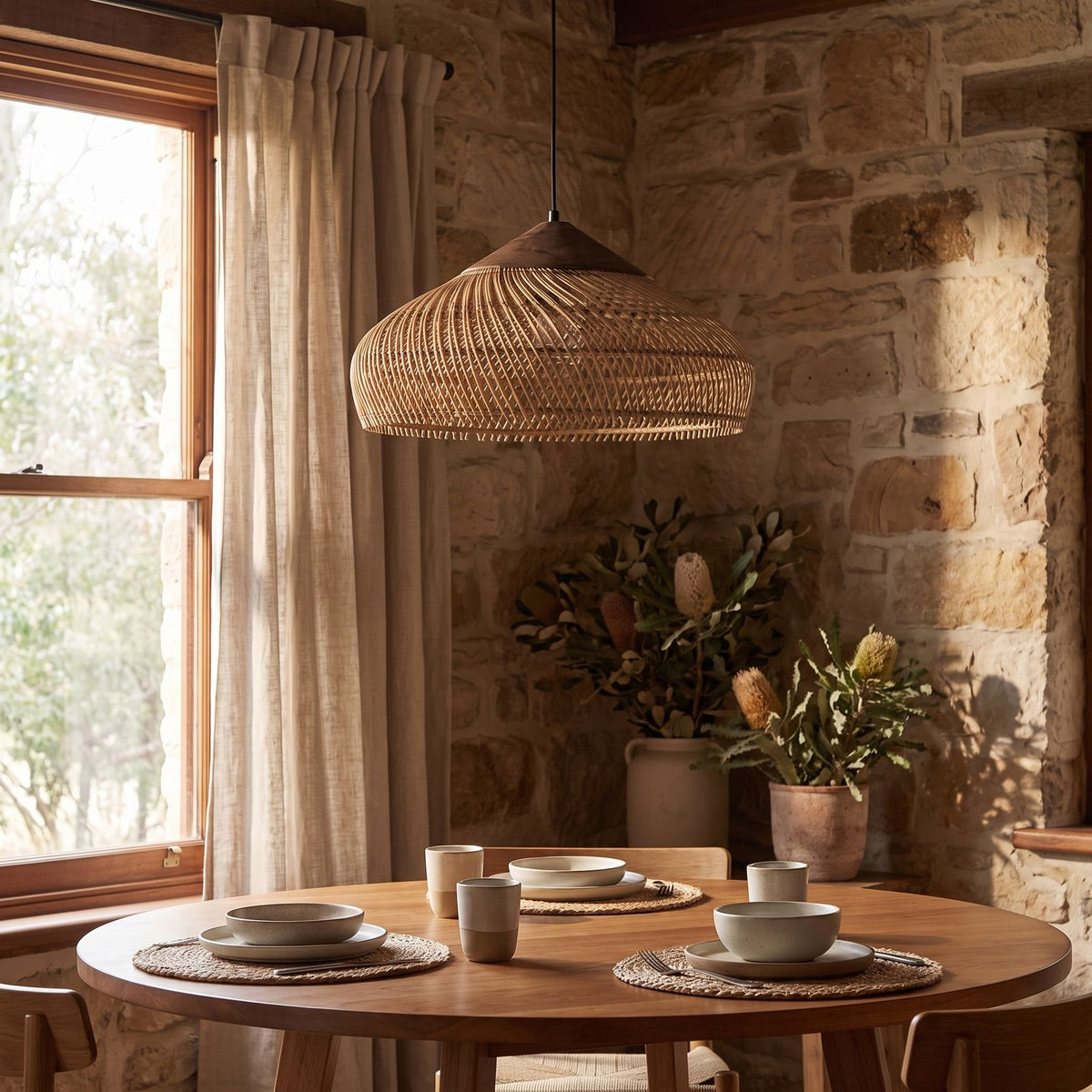 Bamboo Rattan Dome Pendant Light in a breakfast nook