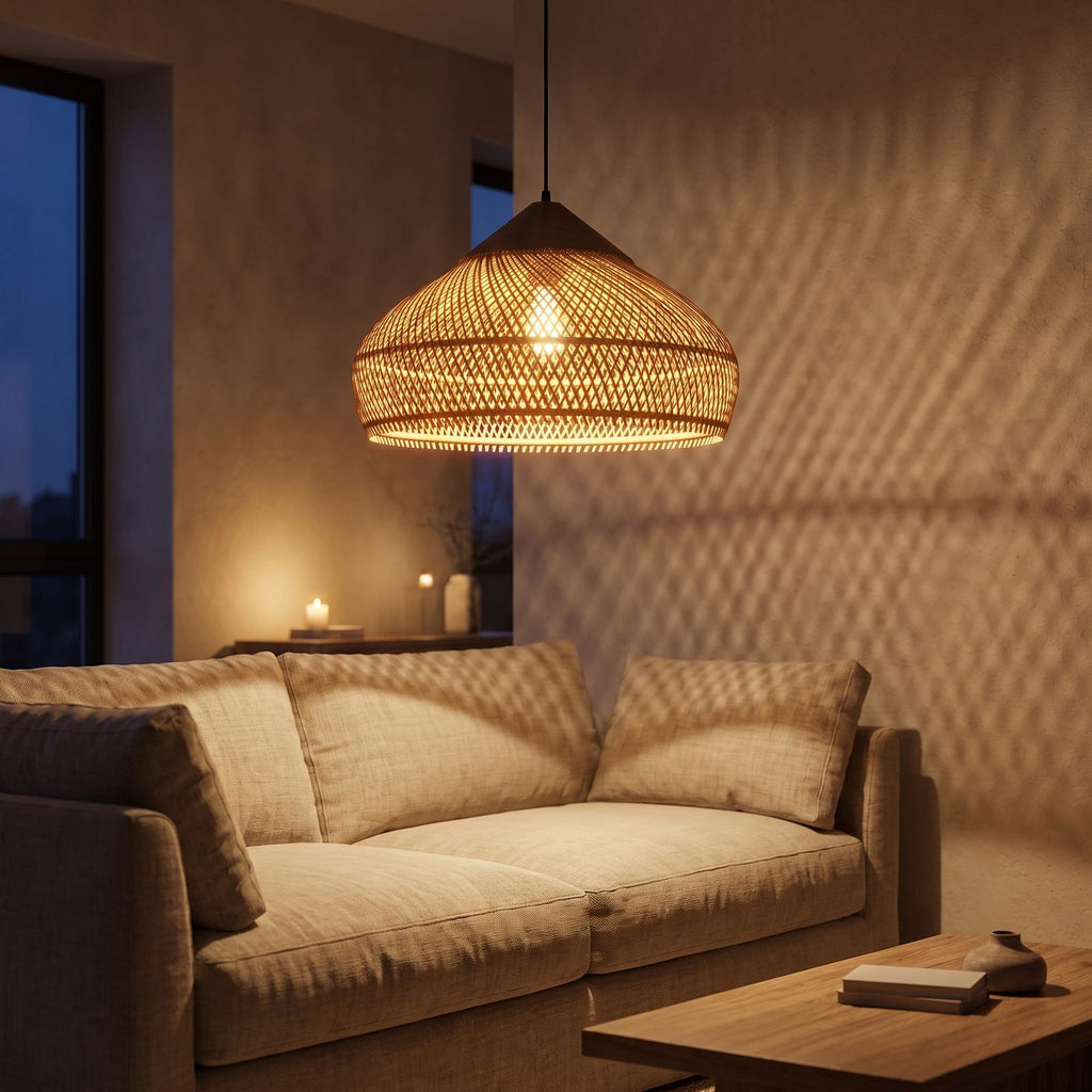 Bamboo Rattan Dome Pendant Light in a living room