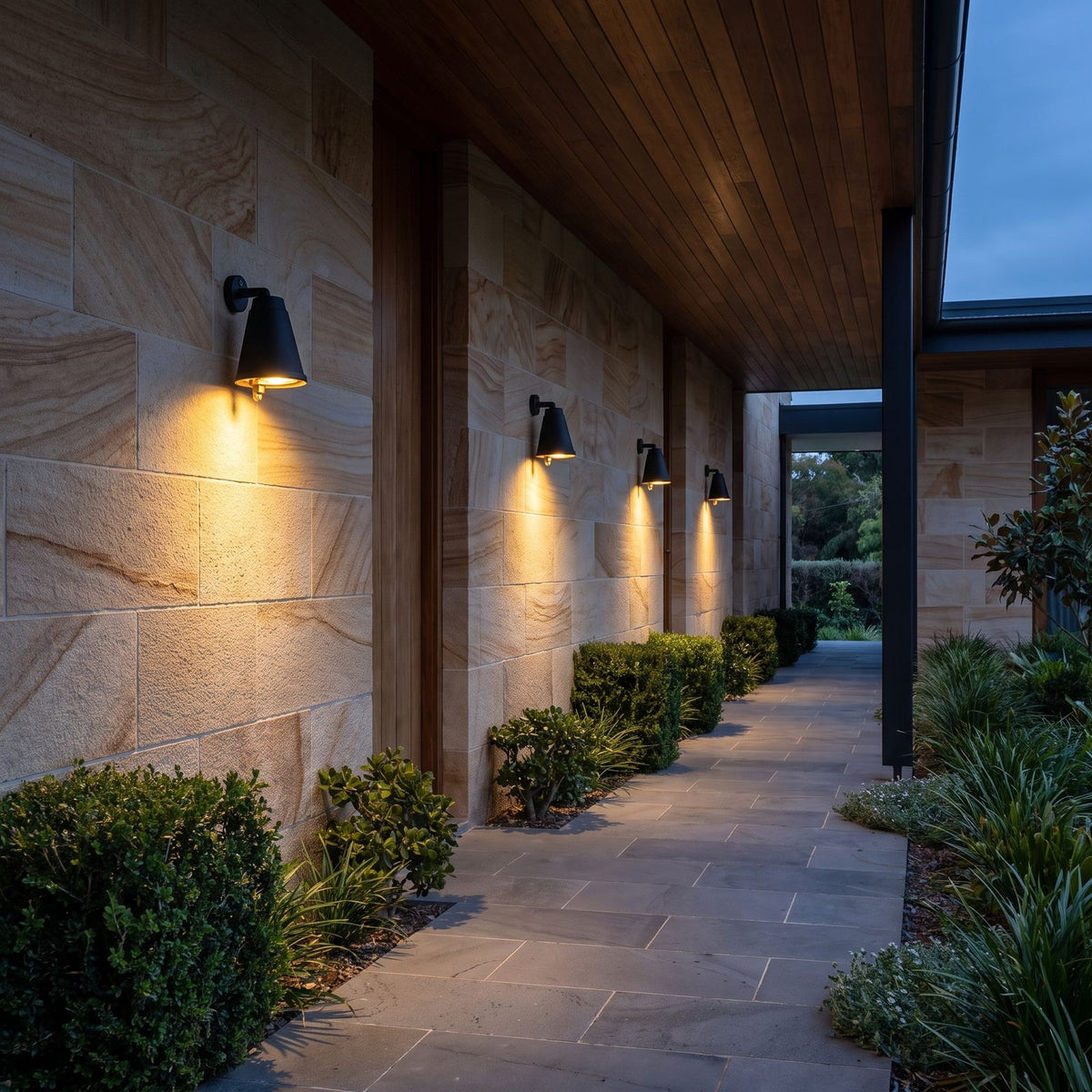 A row of Bell Shade Aluminium Outdoor Wall Lights along a sandstone walkway wall