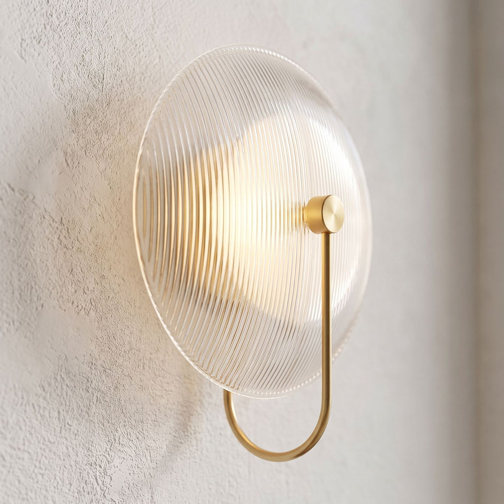Bent Rod Round Glass Wall Light, close view at 45 degrees on a plaster wall