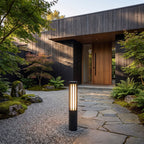 Black Aluminium Cylinder White Diffuser LED Bollard Light beside the front path, wide view of the house
