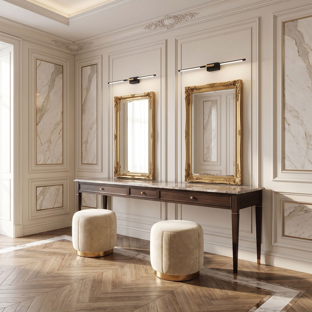 Black and Gold Acrylic Tube LED Vanity Wall Light: a pair above twin mirrors on a long dressing table