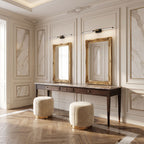 Black and Gold Acrylic Tube LED Vanity Wall Light: a pair above twin mirrors on a long dressing table