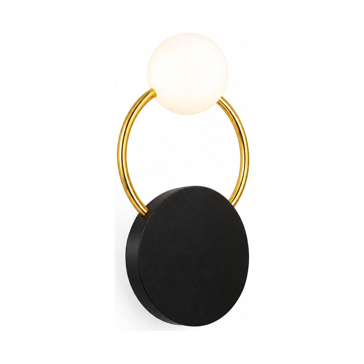 Black Disc, Gold Ring and Glass Orb Wall Light on a white background