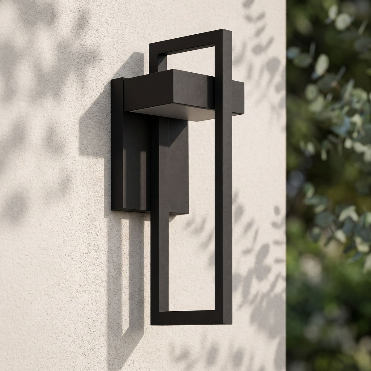 Black Frame Outdoor Wall Sconce on a rendered wall, angled close view