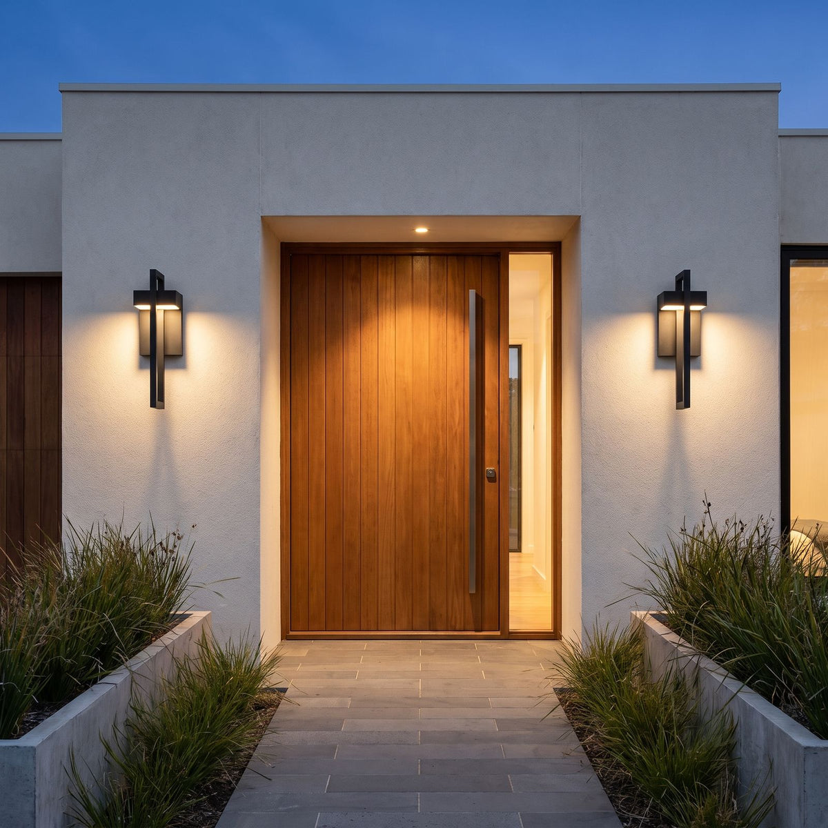 A pair of Black Frame Outdoor Wall Sconces either side of a timber pivot door
