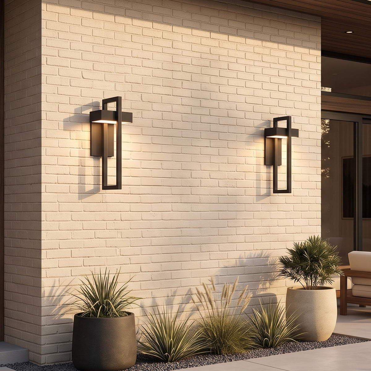 Pair of black frame outdoor sconces on a brick house facade