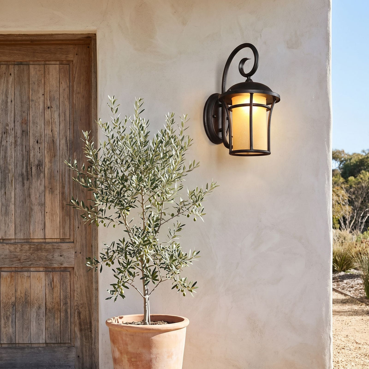 Black Iron and Amber Glass Outdoor Wall Light beside a timber front door