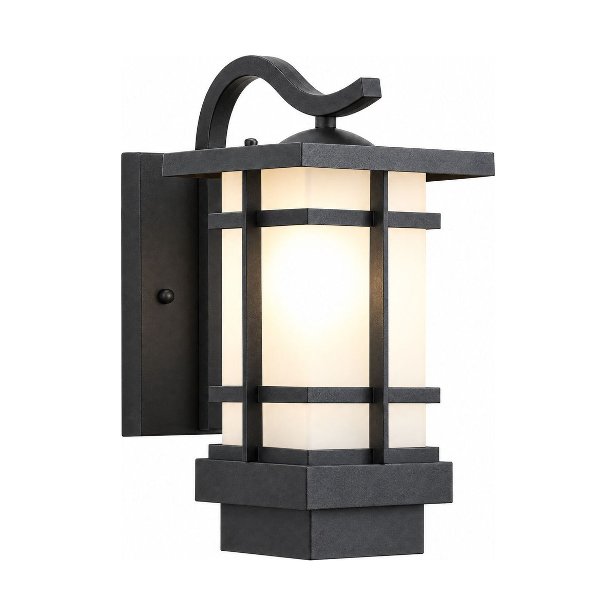 Black Iron and Frosted Glass Outdoor Wall Lantern on a white background