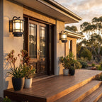 Black Iron and Frosted Glass Outdoor Wall Lantern in a pair either side of an entry door