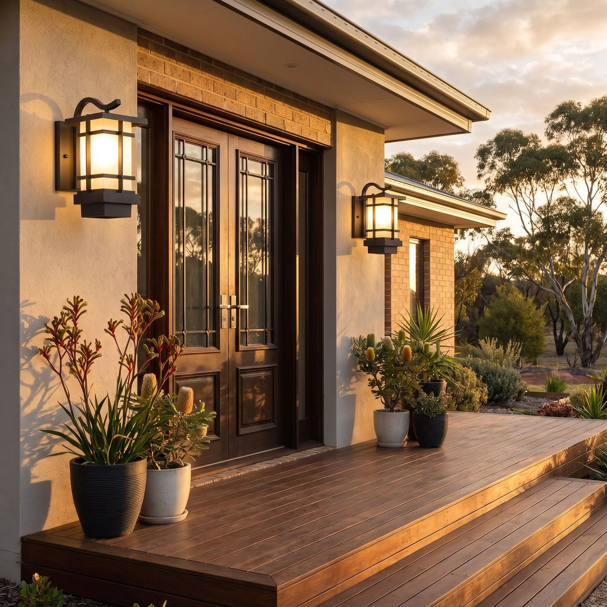Black Iron and Frosted Glass Outdoor Wall Lantern in a pair either side of an entry door