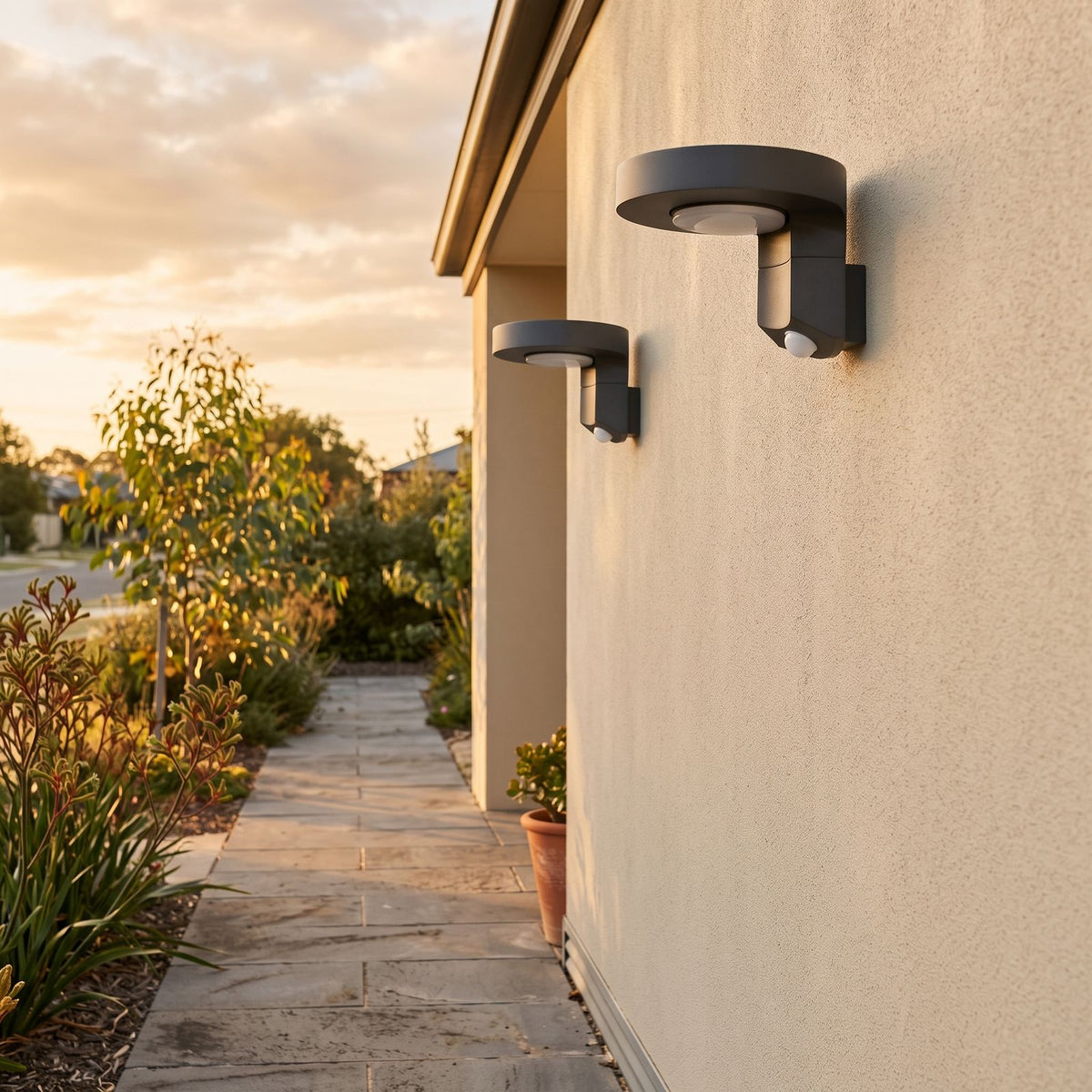 Black Metal and Acrylic Solar Sensor Wall Light in a pair either side of an entry door