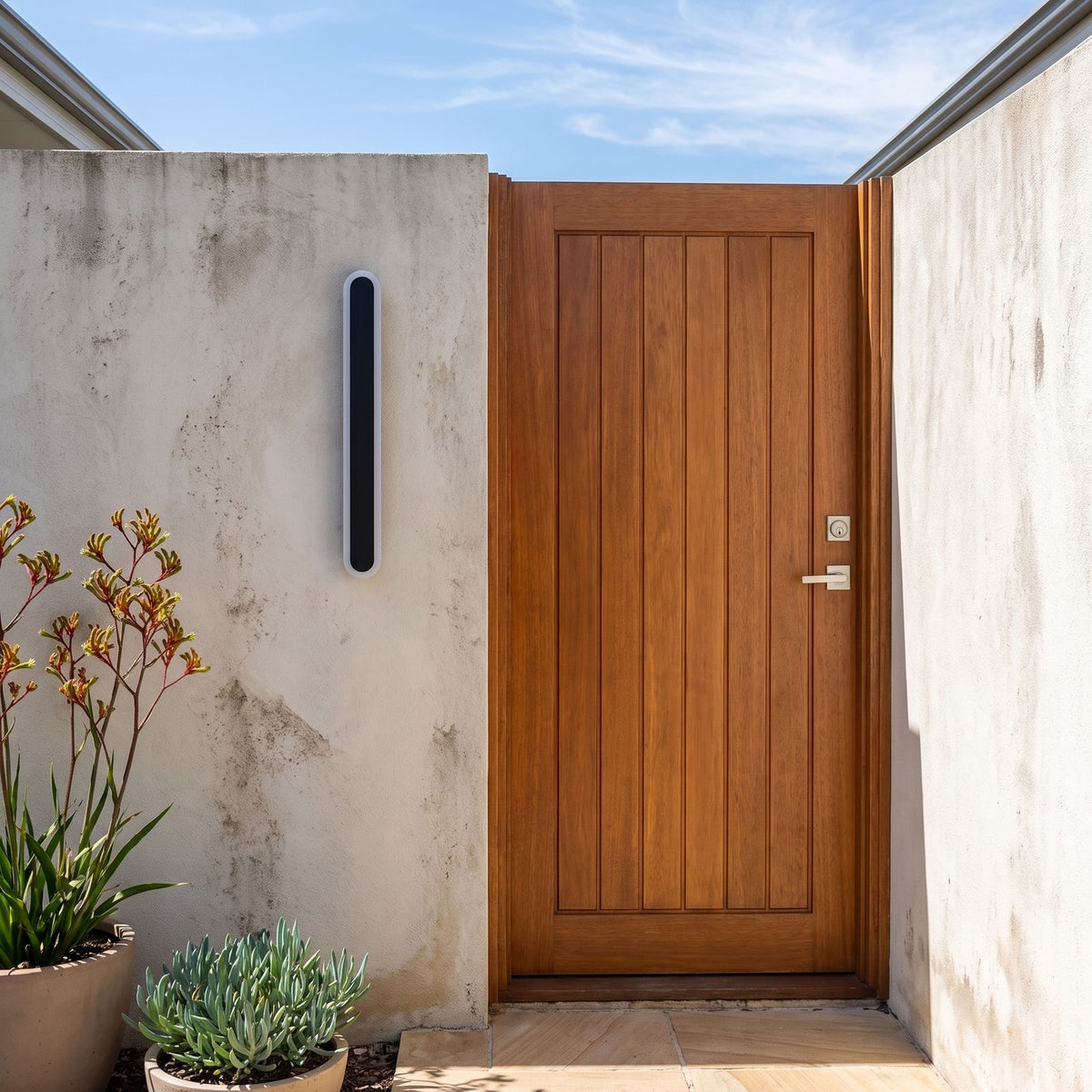 Black Oval Linear LED Outdoor Wall Light beside a timber front door