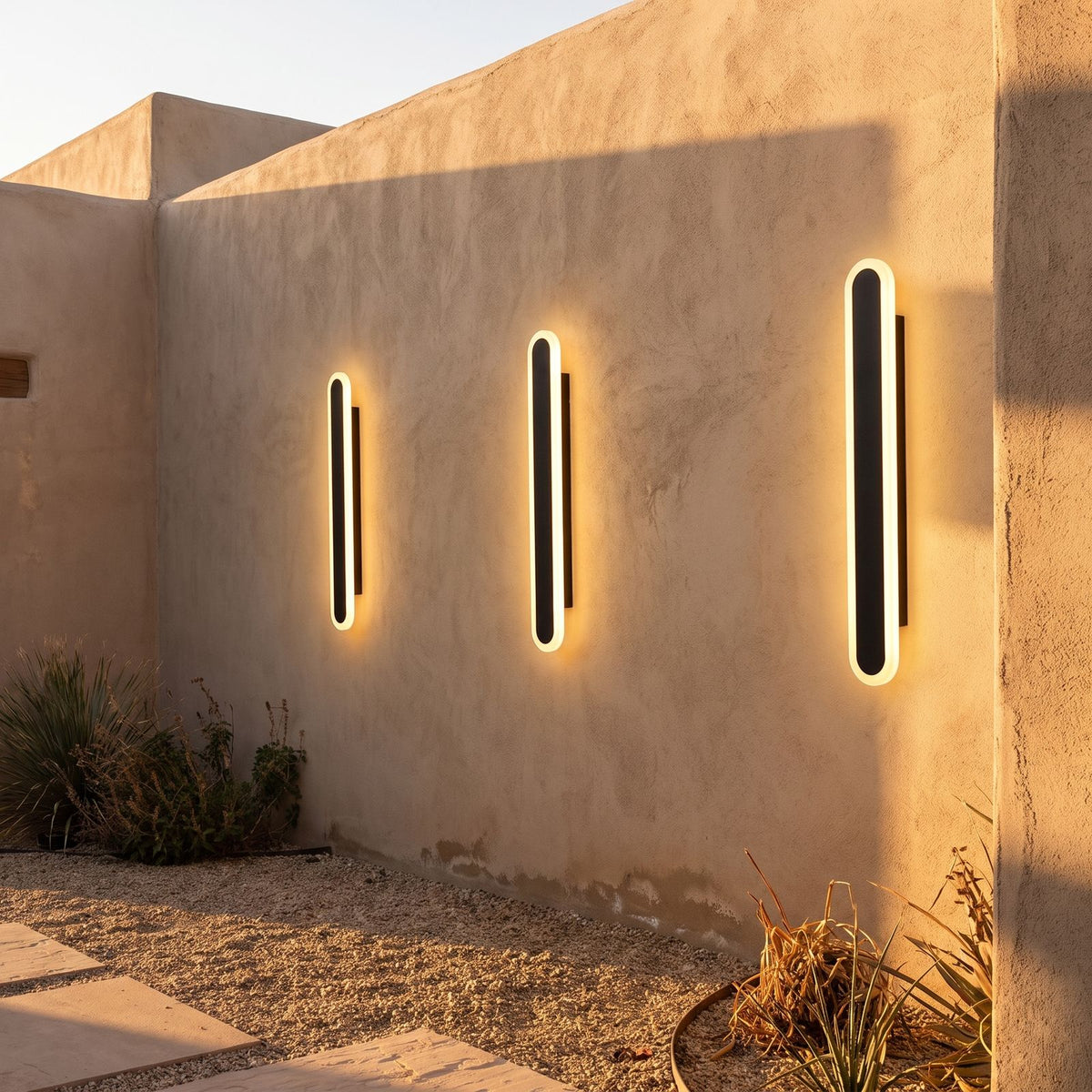 Black Oval Linear LED Outdoor Wall Light in a pair on the facade of an Australian home