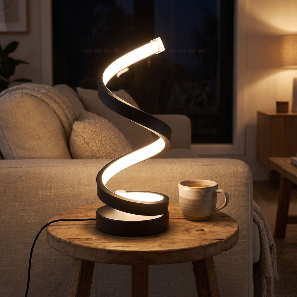 Black spiral ribbon table lamp on a side table beside a sofa