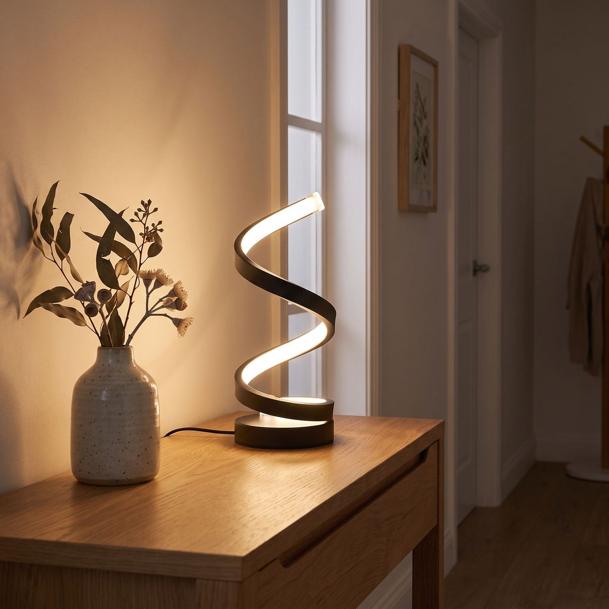 Black spiral ribbon table lamp on an entry console