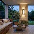 Black Up Down Outdoor Wall Light in a covered outdoor living area