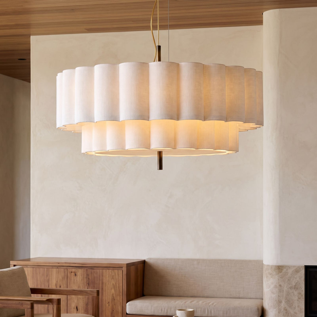 Boho Knitted Fabric Ripple Pendant Light, close view from below