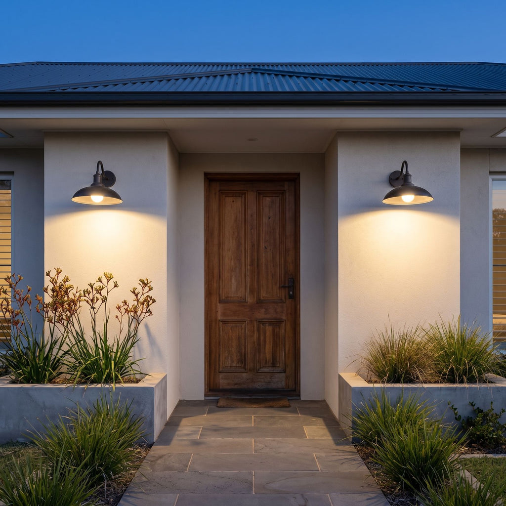 A pair of Bowl Shade Gooseneck Outdoor Wall Lights either side of a timber front door