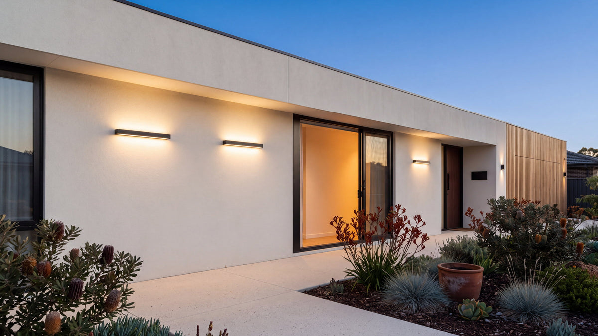 Contemporary Australian home at dusk with linear LED wall lights along the facade