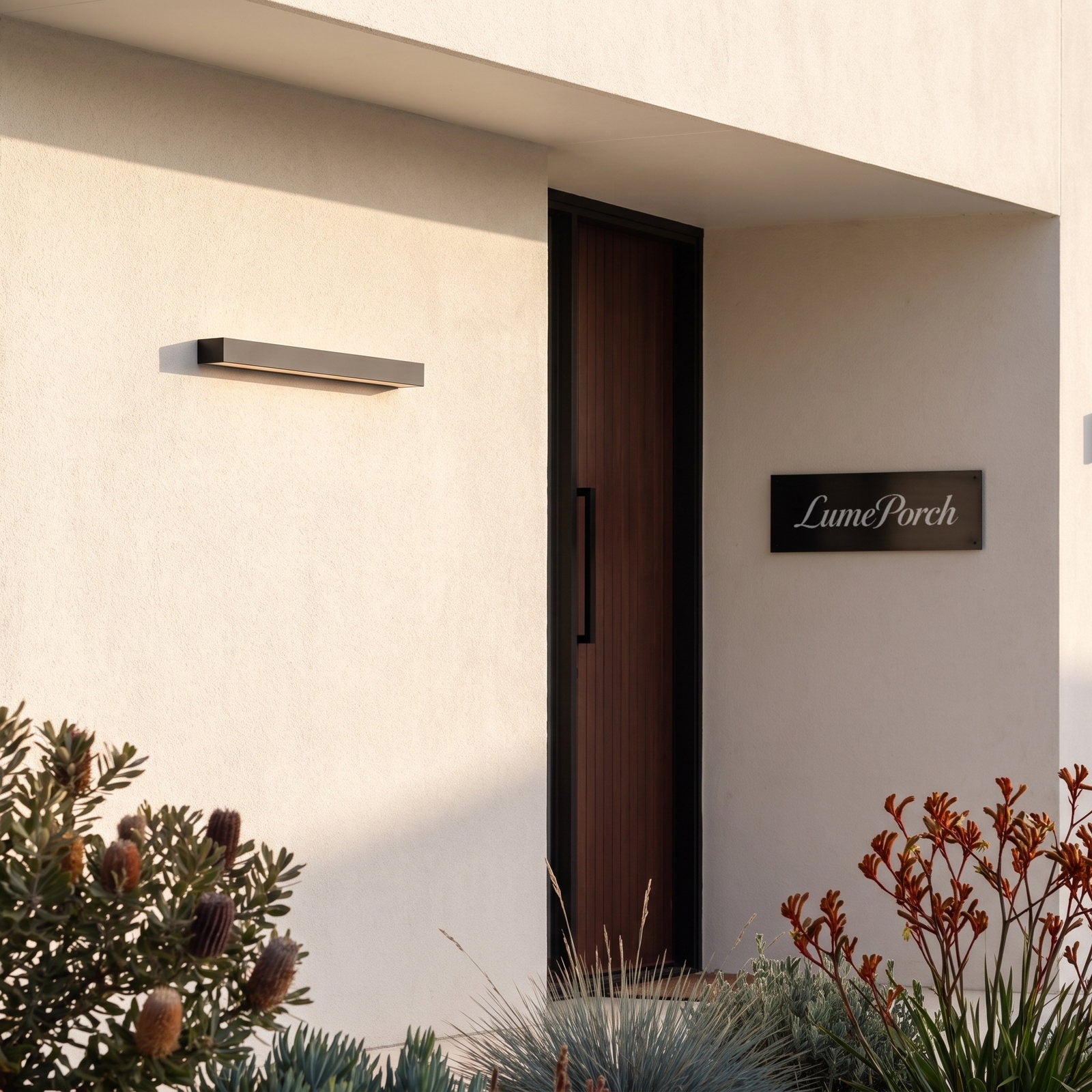 LumePorch nameplate beside a linear LED wall light on a rendered entry wall
