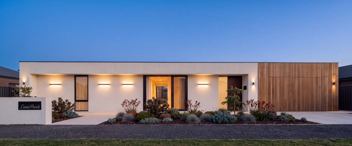 Contemporary Australian home at dusk lit by LumePorch outdoor wall lights