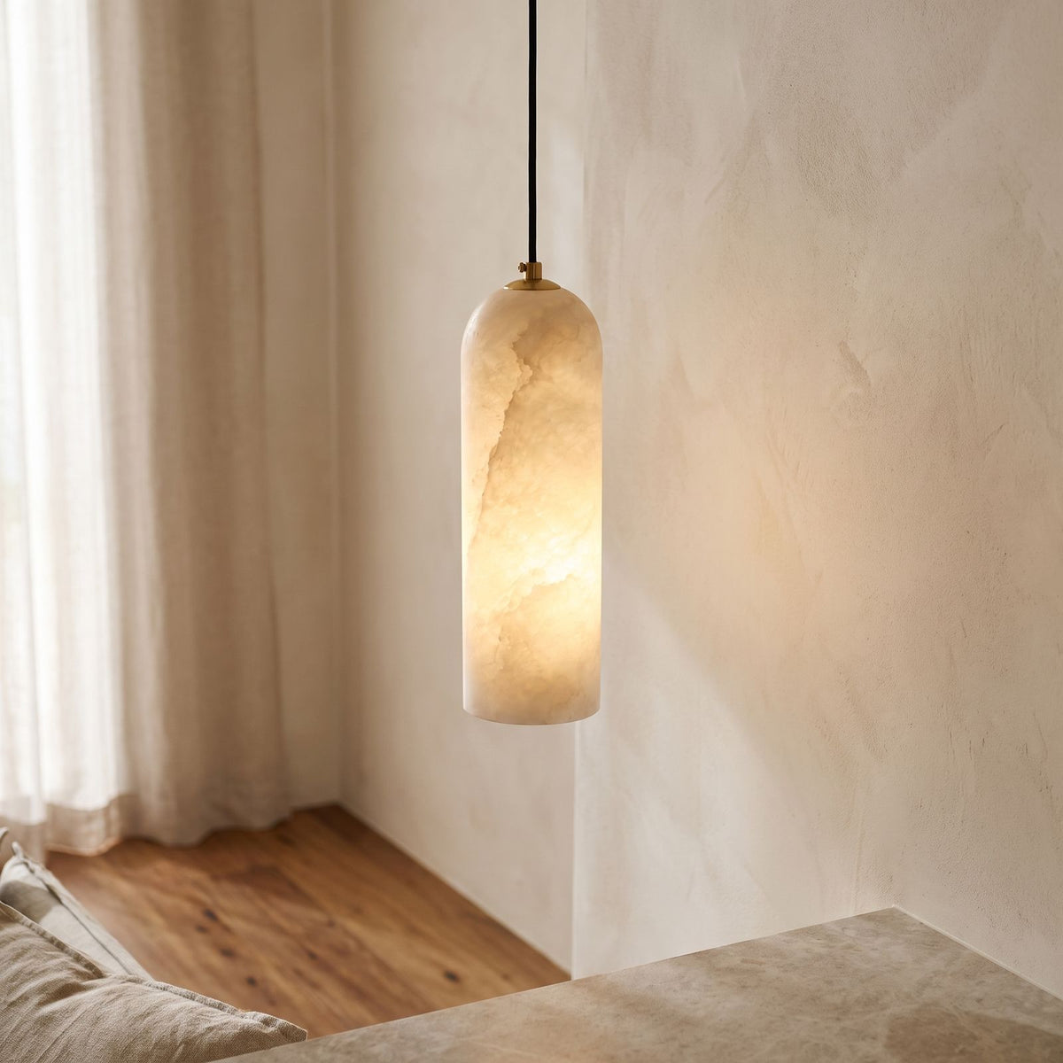 Brass and Alabaster Capsule Pendant Light, close view from below