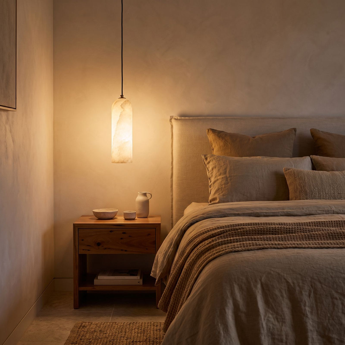 Brass and Alabaster Capsule Pendant Light hanging beside a bed