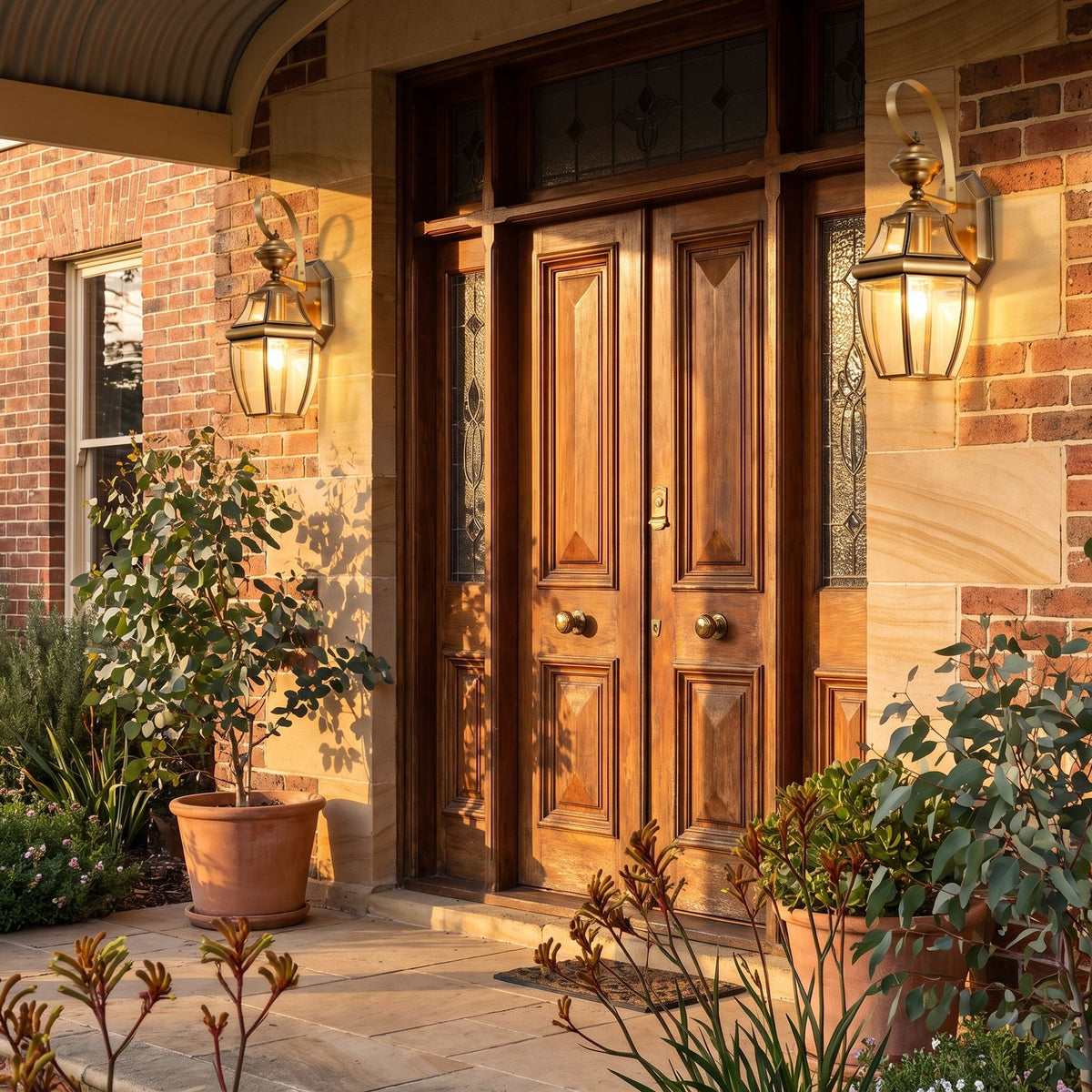 Brass Lantern Outdoor Wall Light in a pair either side of an entry door