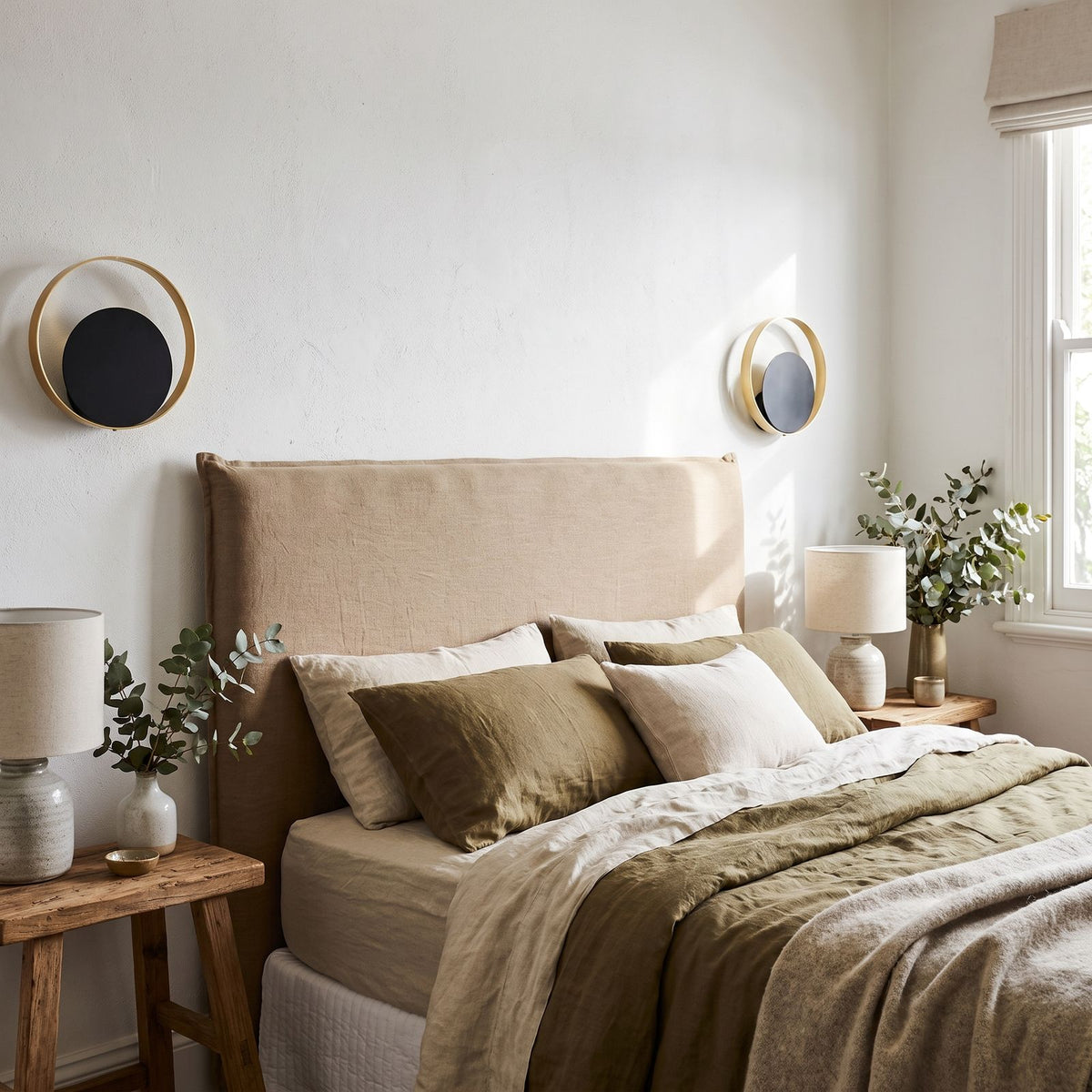 Brass Ring and Black Disc Wall Light in a pair on a wall of an Australian home