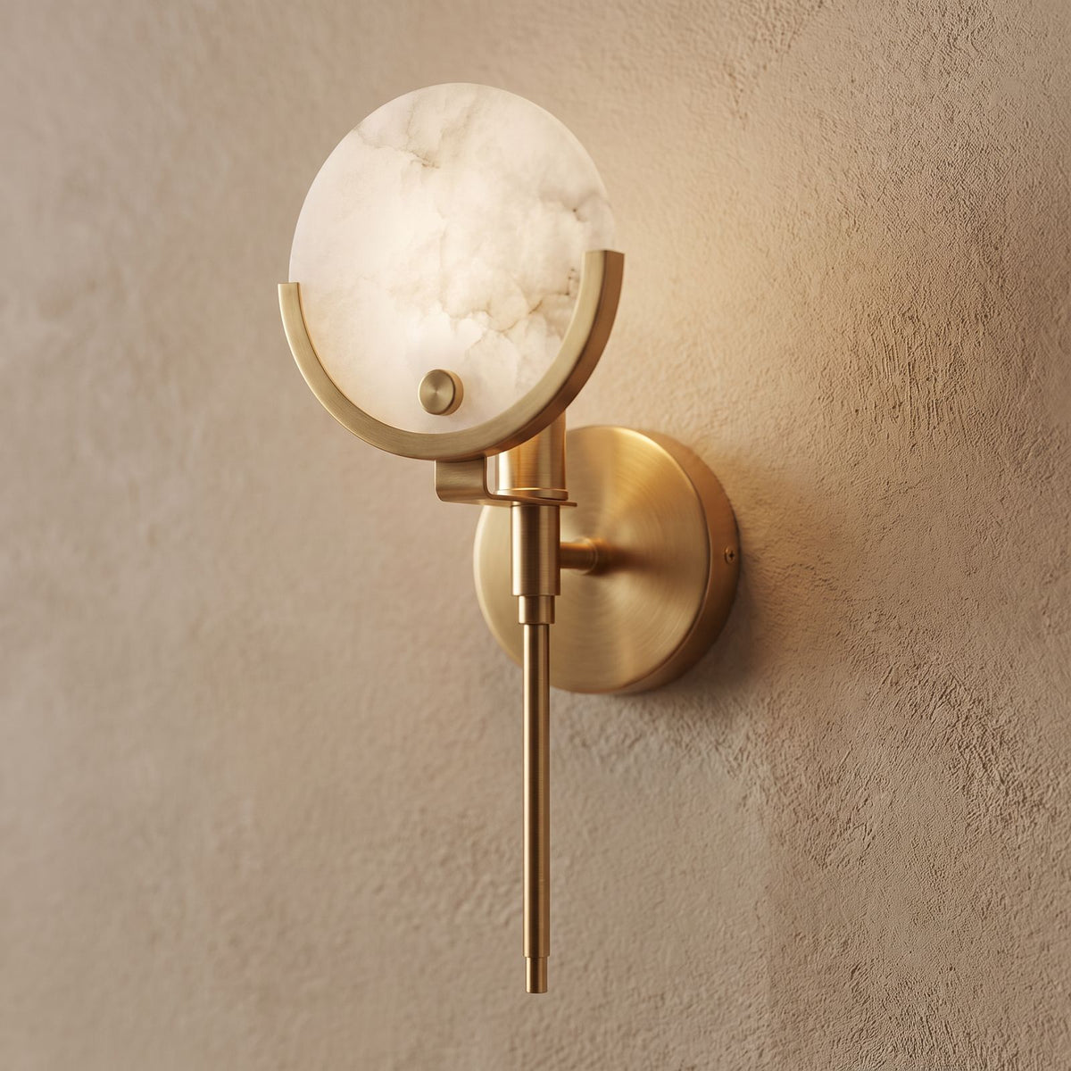 Brass Rod Alabaster Globe Wall Light, close view at 45 degrees on a plaster wall