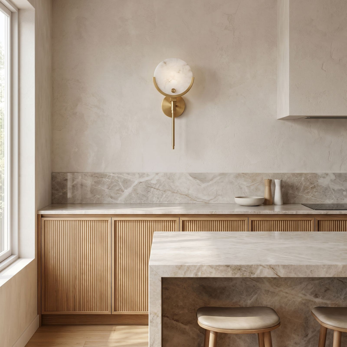 Brass Rod Alabaster Globe Wall Light on a kitchen wall