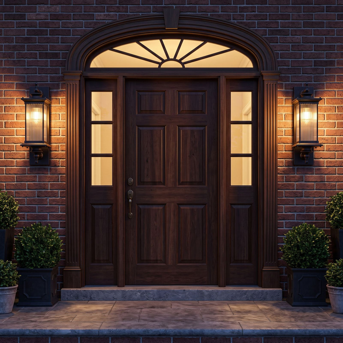 A pair of Bronze Reeded Glass Outdoor Wall Lanterns either side of a brick arched entry