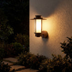 Brown Iron and Acrylic Lantern Outdoor Wall Light glowing on a garden wall at night