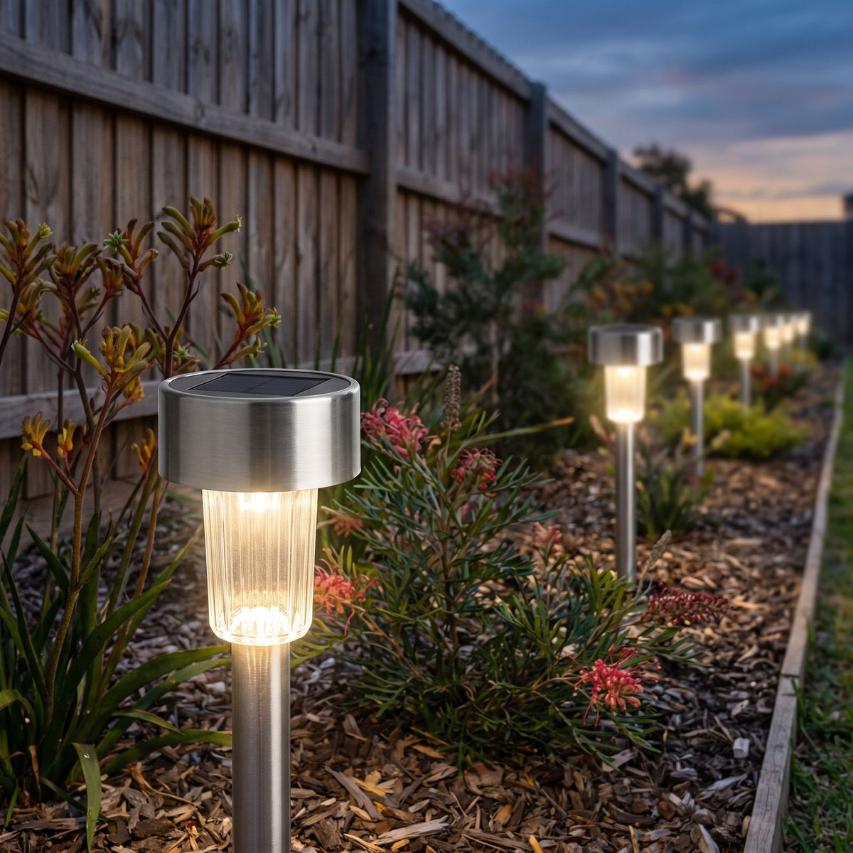 Brushed Stainless Steel Solar Garden Path Light along a garden bed at dusk