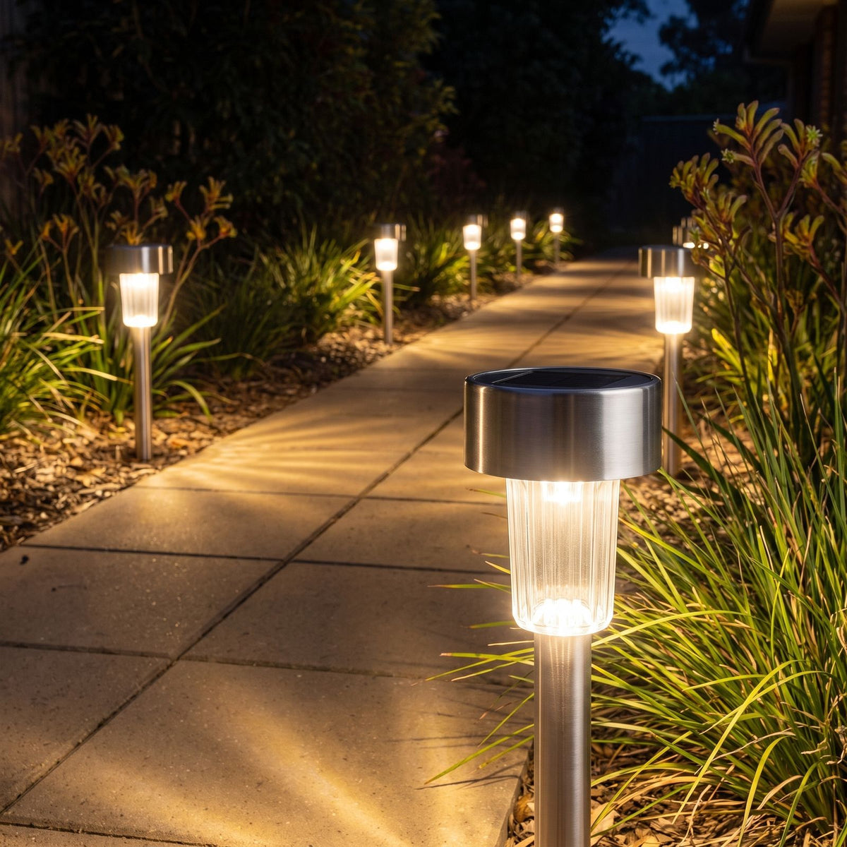Stainless steel solar garden path light along a paved garden path at night