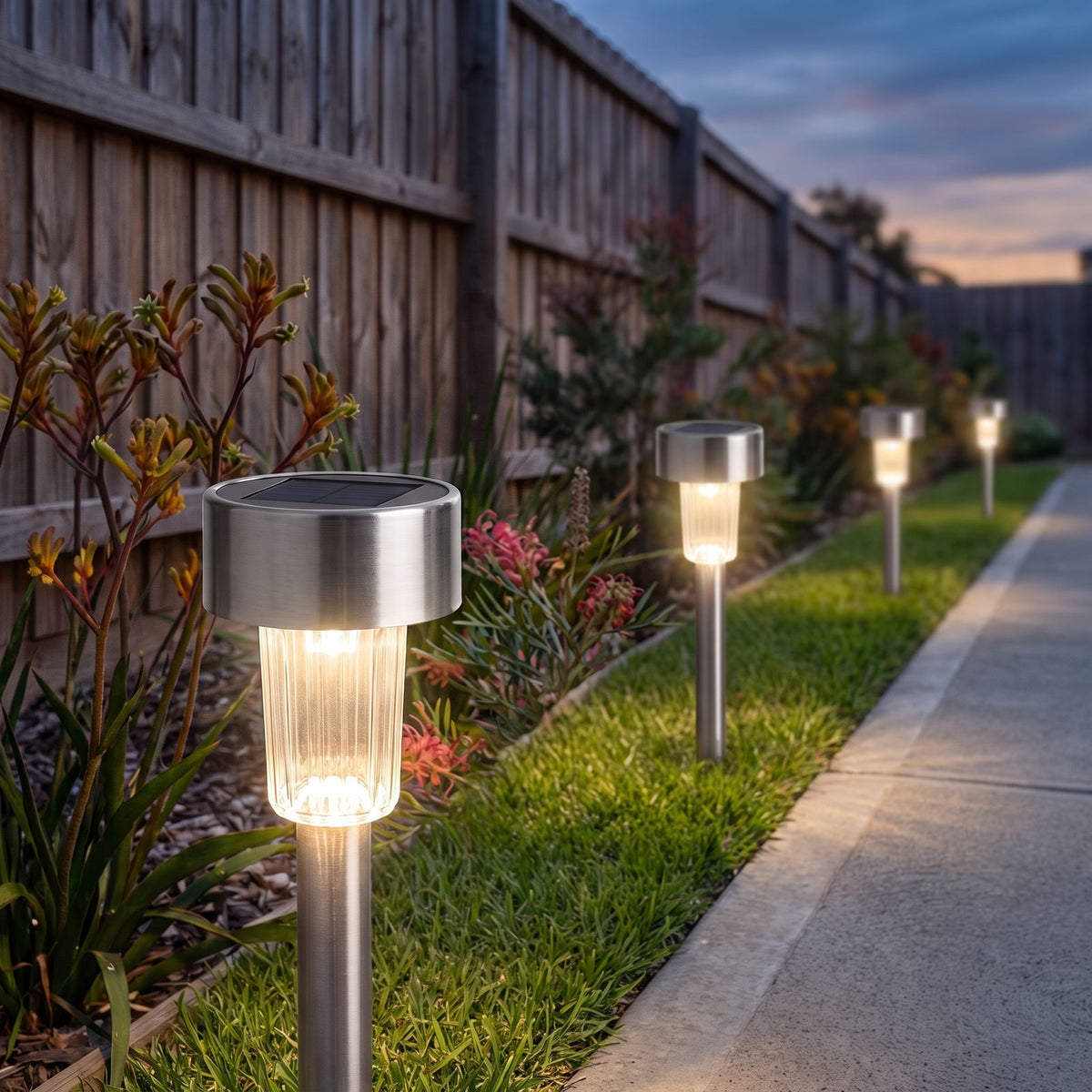Stainless steel solar garden path light along a lawn edge beside a driveway