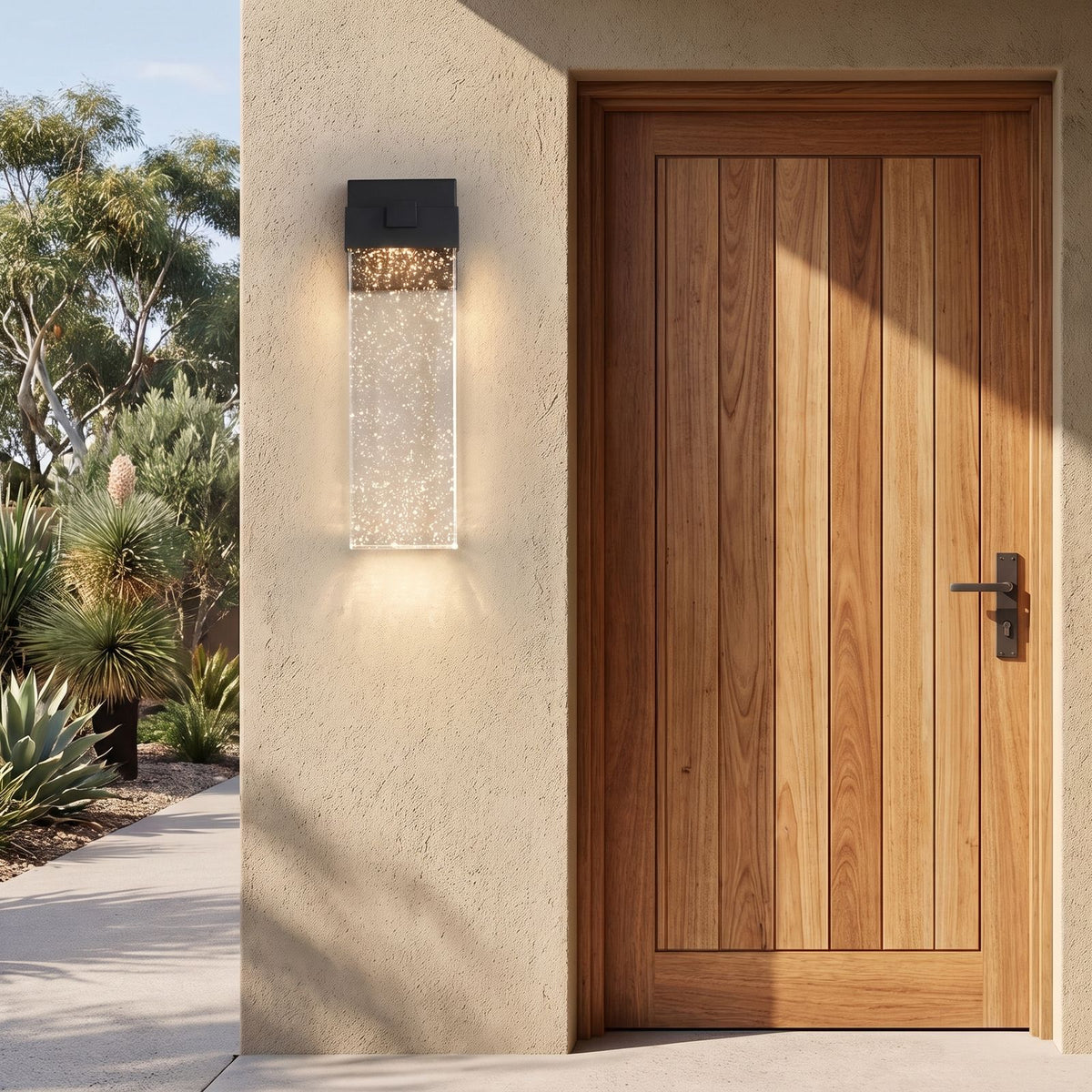 Bubble Acrylic Column Outdoor Wall Light beside a timber front door
