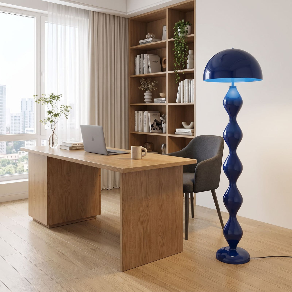 Blue bubble stem mushroom floor lamp beside a desk in a home office