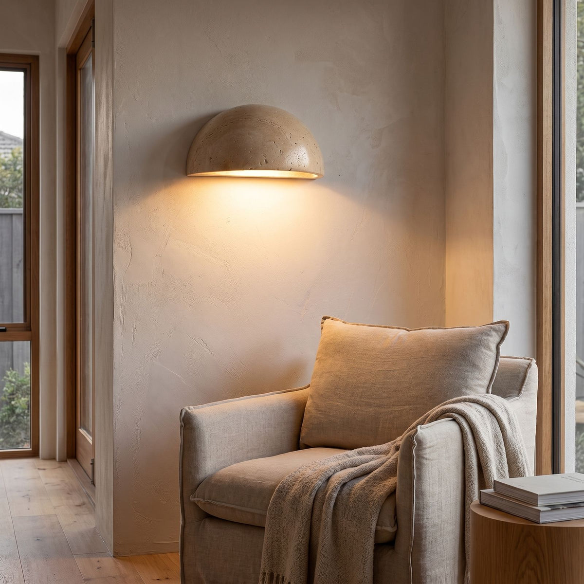 Stone half dome LED wall light above an armchair in a reading corner