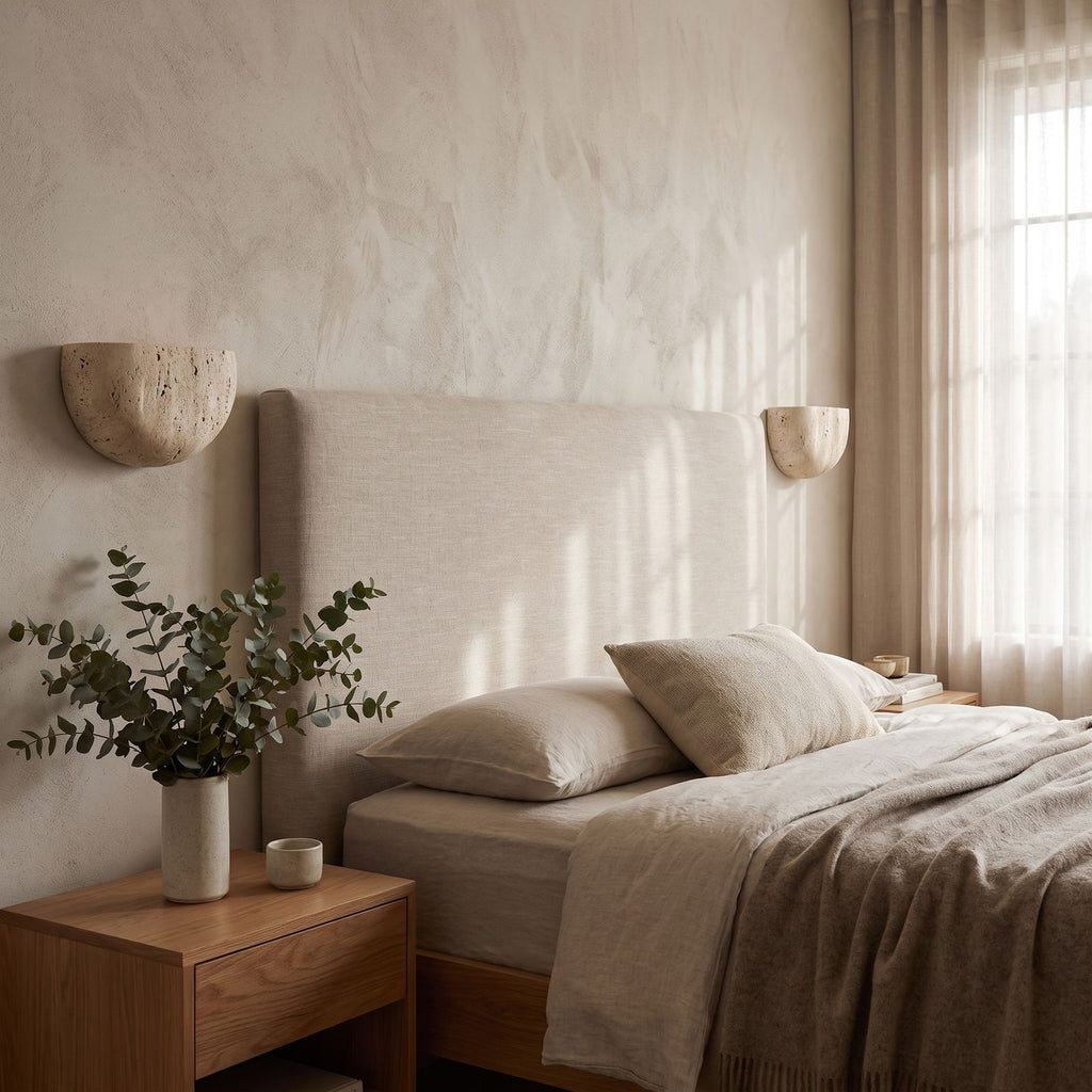 Carved Yellow Travertine Bedside Wall Light in a pair on a wall of an Australian home