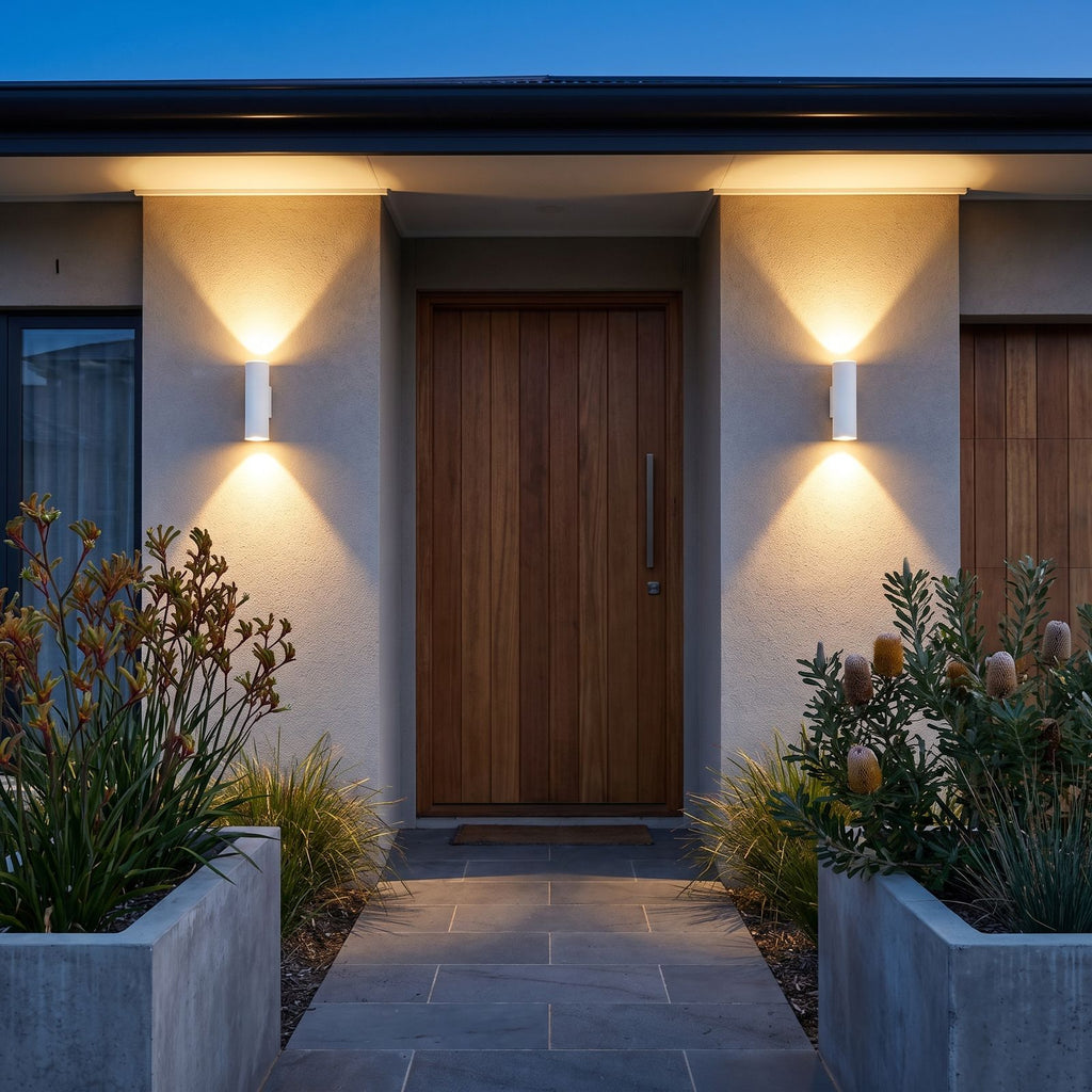 A pair of Cement and Acrylic Outdoor Wall Lights either side of a timber entry door