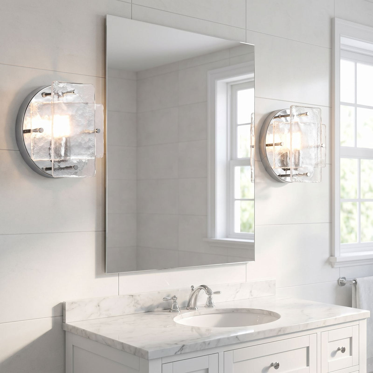 Chrome Frame Round Glass Wall Light in a pair on a wall of an Australian home