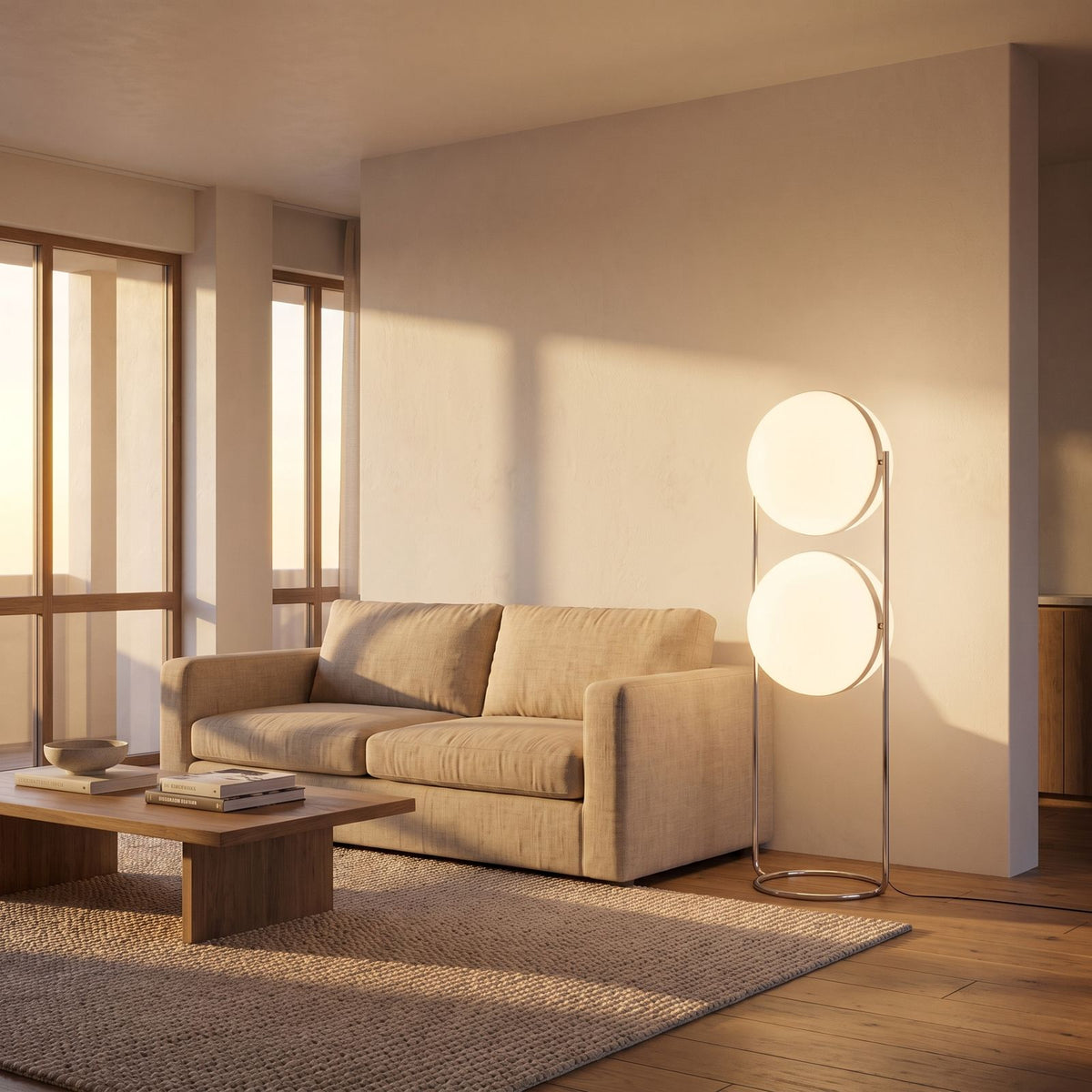 Chrome ring double globe floor lamp behind a sofa, wide living room view