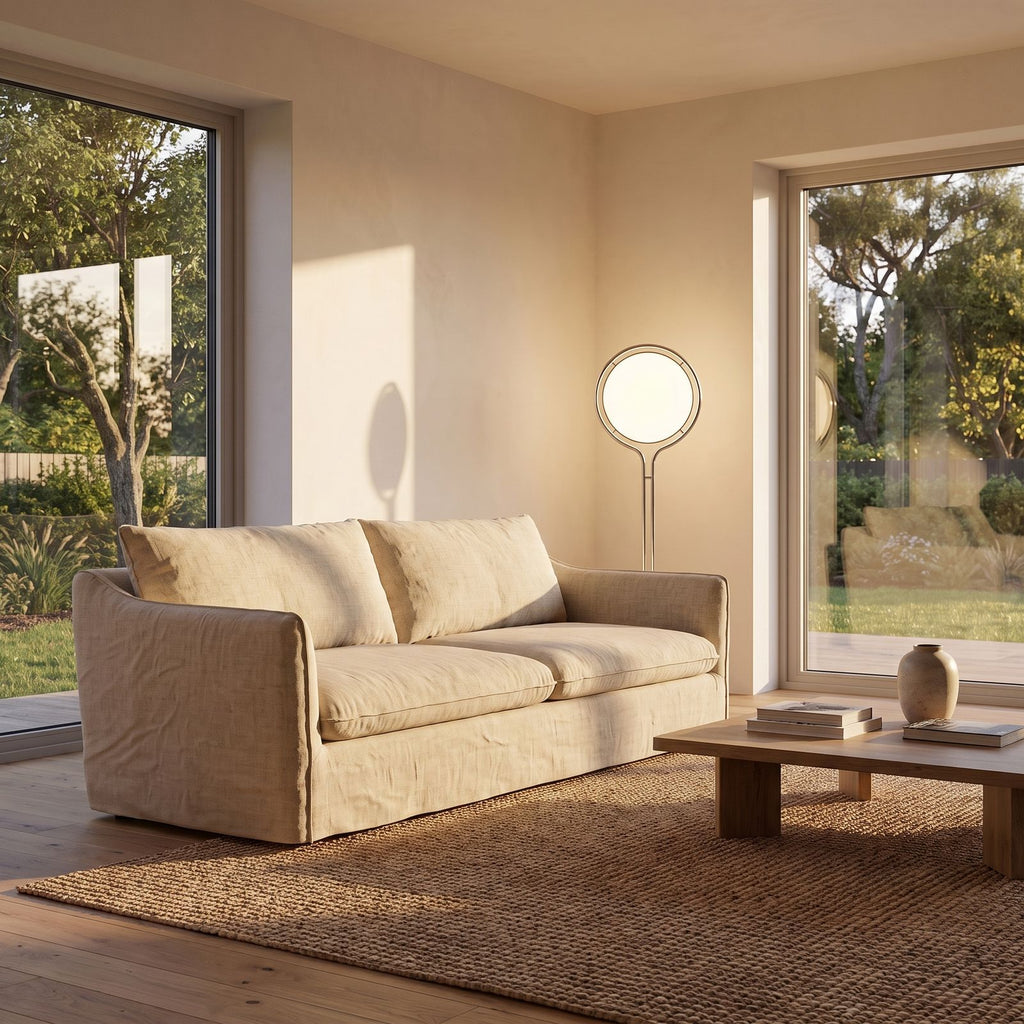 Chrome ring acrylic globe floor lamp behind a sofa, wide living room view