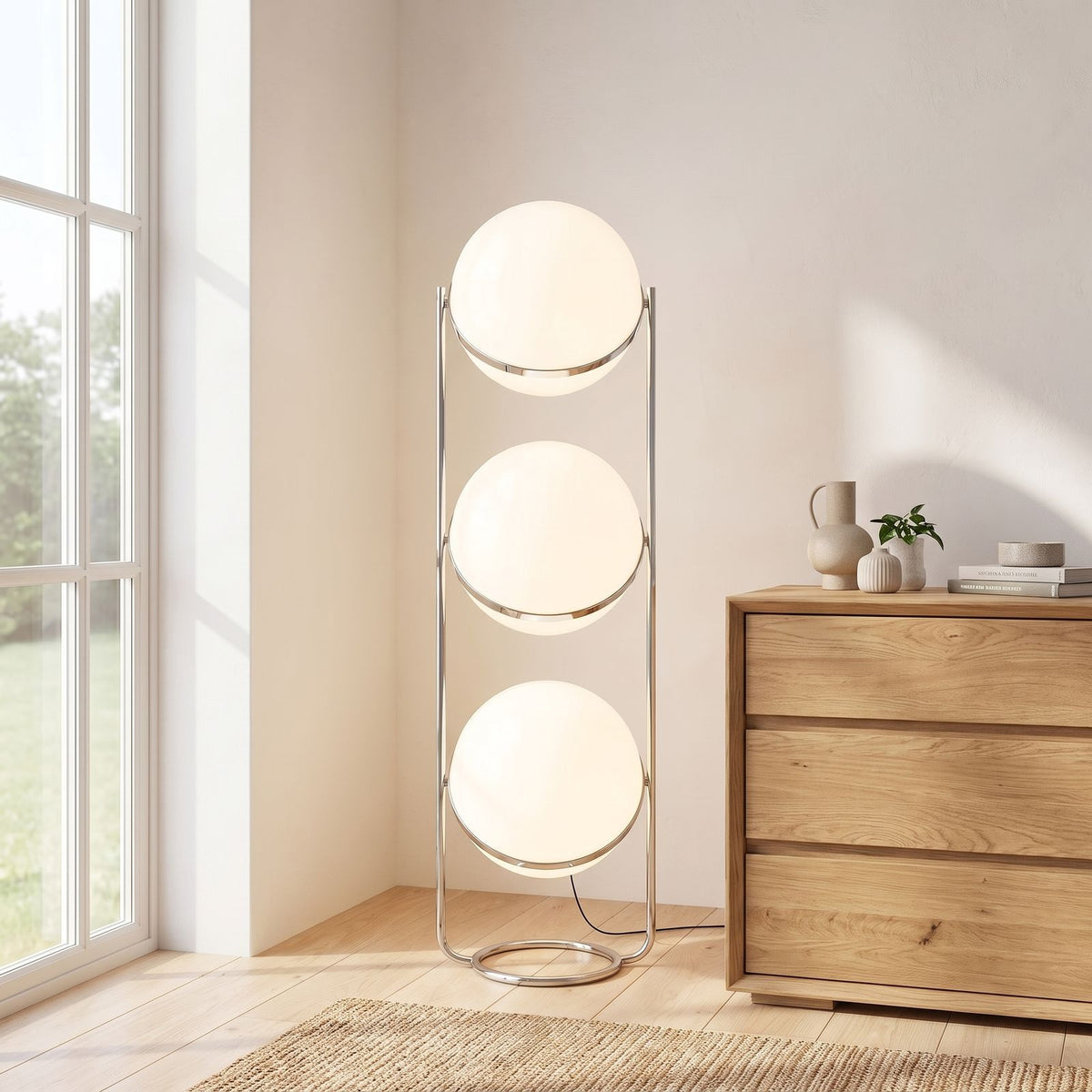 Chrome ring triple globe floor lamp in a bedroom corner in daylight