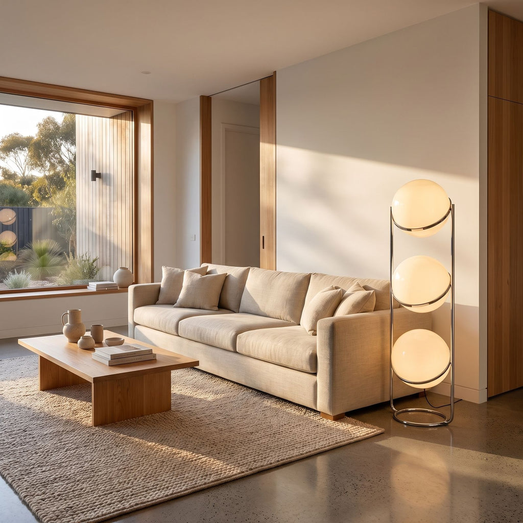 Chrome ring triple globe floor lamp behind a sofa, wide living room view
