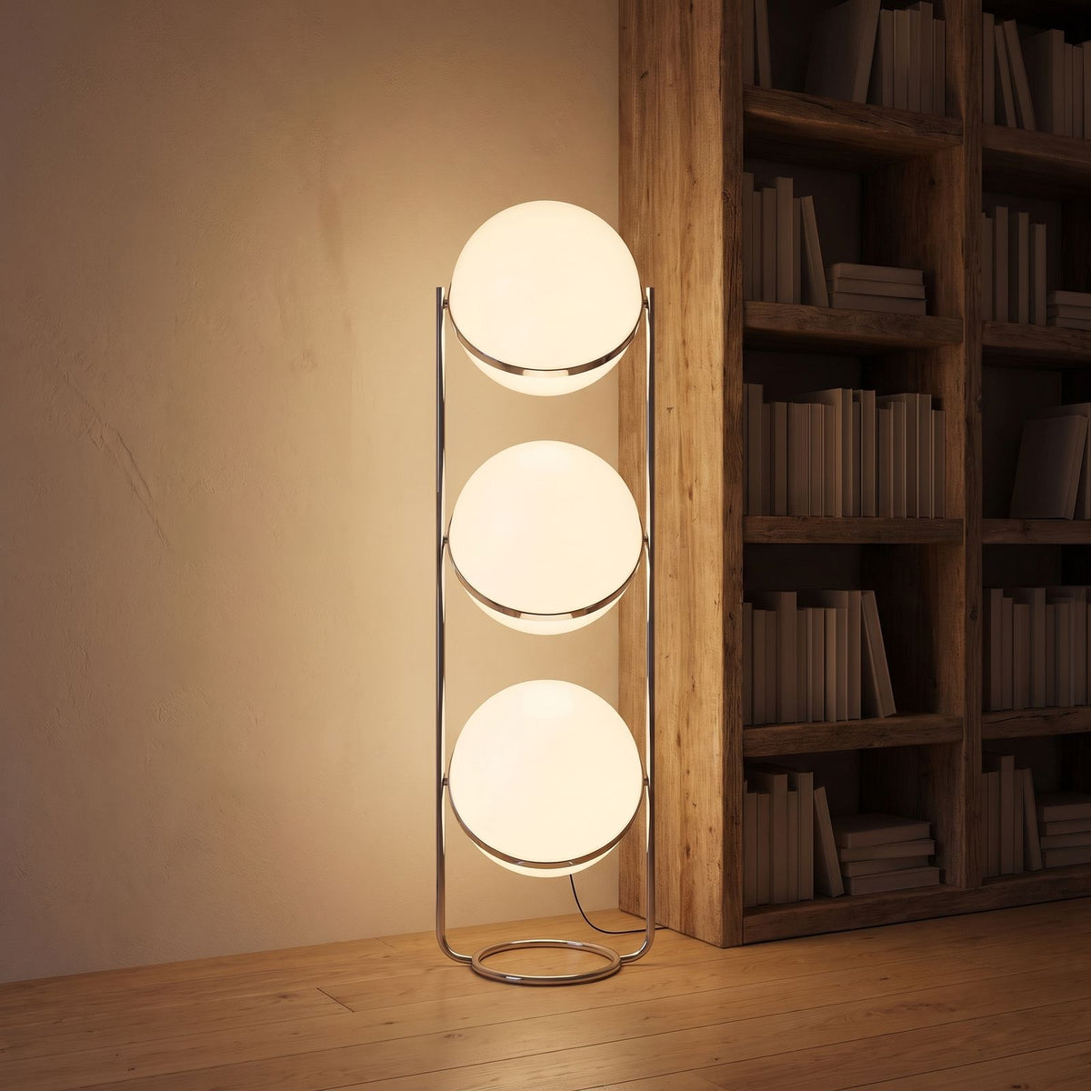 Chrome ring triple globe floor lamp in a reading corner at night