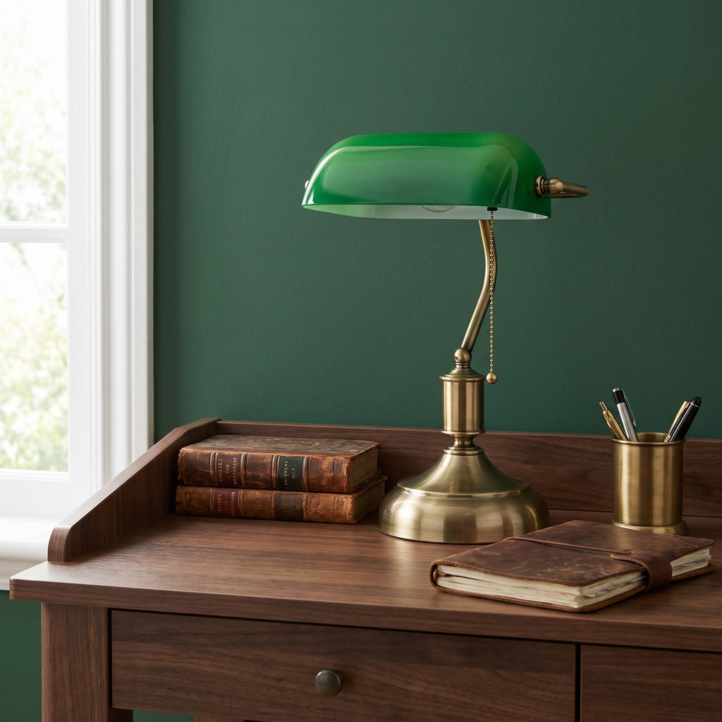 Classic Bankers Table Lamp with green shade on a walnut desk against a green wall