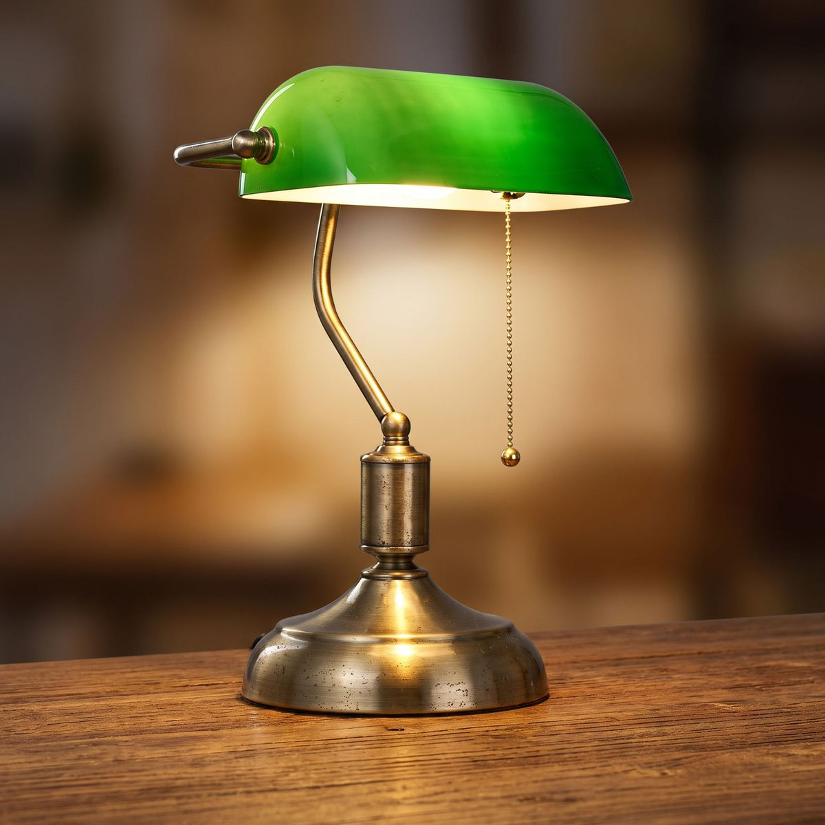 Classic Bankers Glass Shade Table Lamp, close view on a timber surface